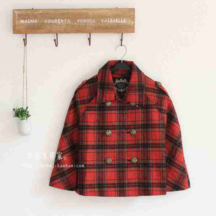 日本原单英伦风红色格子披肩外套