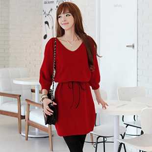 气质v领中袖系腰带