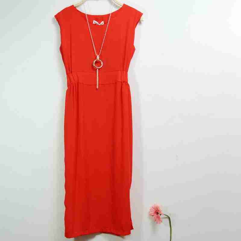 欧美简约风松紧收腰显瘦无袖雪纺长裙