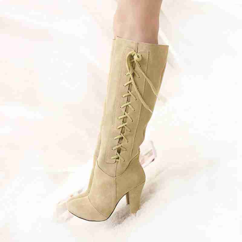 真皮磨砂皮侧面绑带系带粗跟尖头高跟