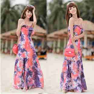 白色花朵雪纺气质连衣长裙