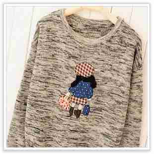 甜美森系贴布女孩背影图案圆领毛衣套头宽松长袖女微