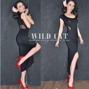 欧美原单性感舒适莫代尔透视蕾丝修身黑色长裙