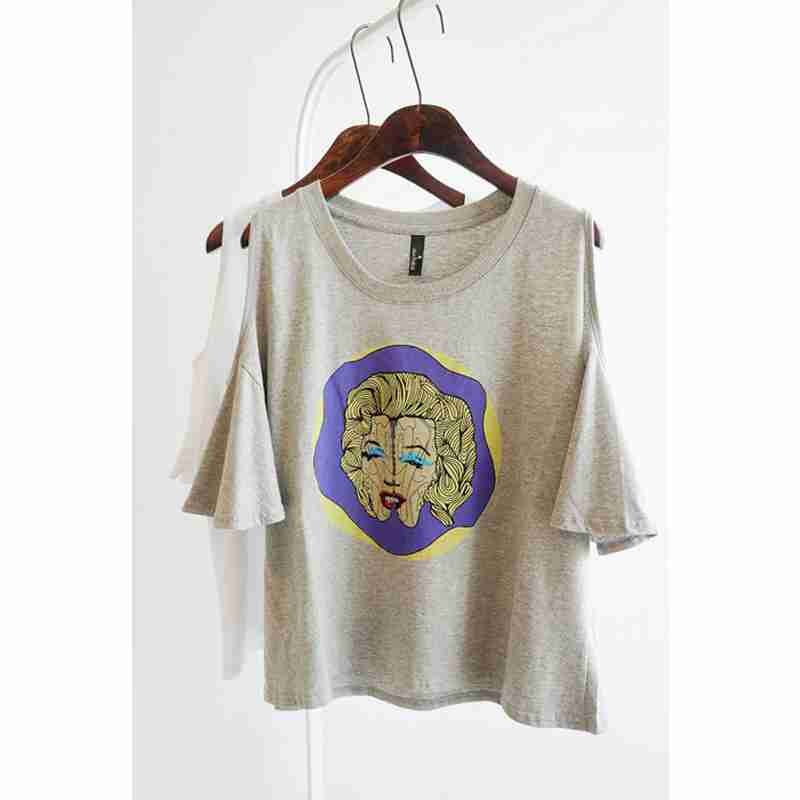 韩国东大门代购欧美风复古撞色梦露头像印花性感露肩