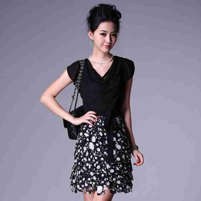 欧美风格真丝女装小波点方块下摆时尚性感修身连衣裙