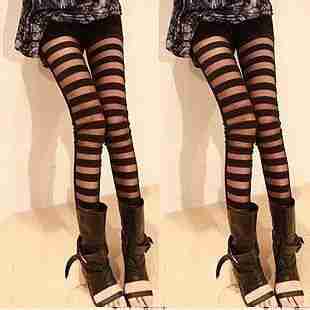 特性感显瘦punk欧美街头潮搭透视条纹黑色拼接打底