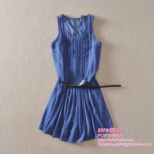 气质灰蓝色百褶雪纺背心连衣裙