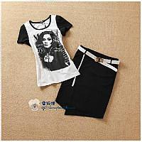 欧美风运动休闲美女头像印花t恤+开叉不规则半身裙