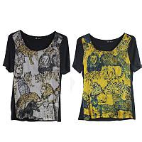 欧美复古老虎豹子狮子真丝印花拼接莫代尔t恤