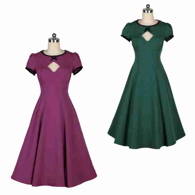 欧美原创赫本风复古优雅淑女修身显瘦连衣裙泡泡袖小