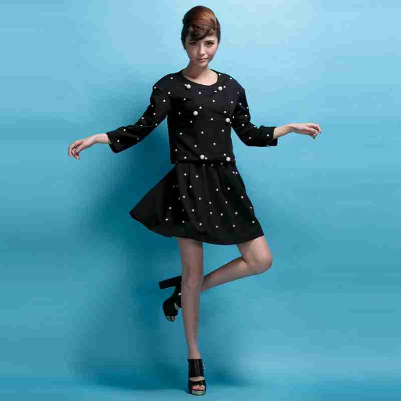 欧美复古小香风珍珠装饰ol休闲两件