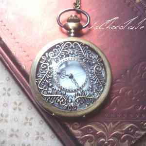 千鸟|文艺范欧美复古雕花古铜色翻盖怀表吊坠*项链表