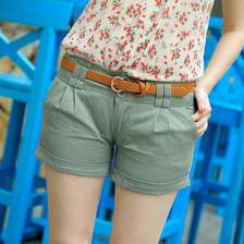 水水的小窝欧美复古配腰带工装翻边显瘦棉质休闲