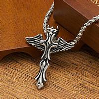 欧美时尚复古哥特十字魔杖天使翅膀潮男钛钢项链男士