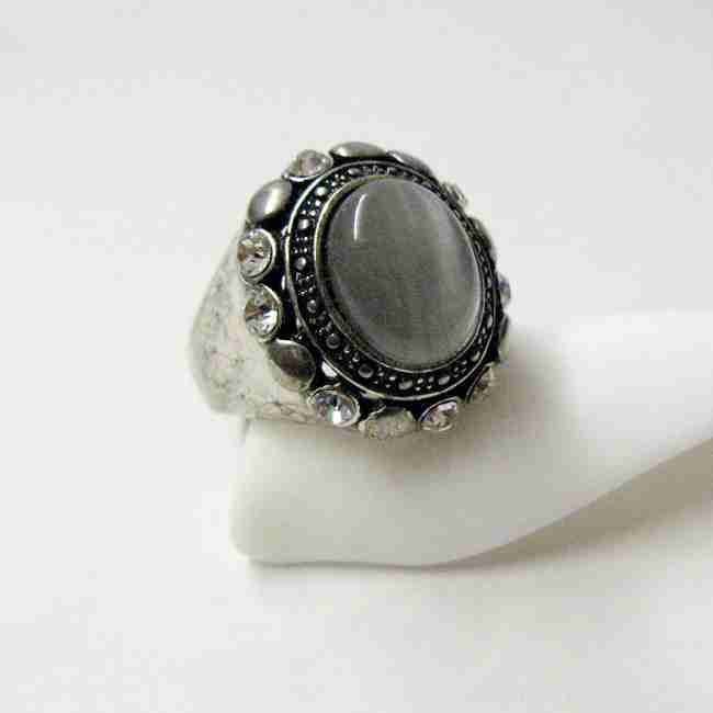 欧美复古猫眼石镶嵌水钻镀银戒指指环