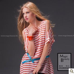 dkny欧美设计显瘦露肩红色横条海军风复古蝙蝠袖宽松