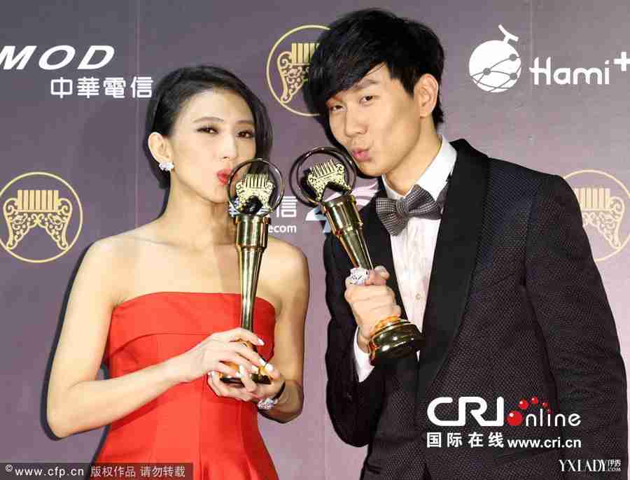 林俊杰戴佩妮亲吻奖杯