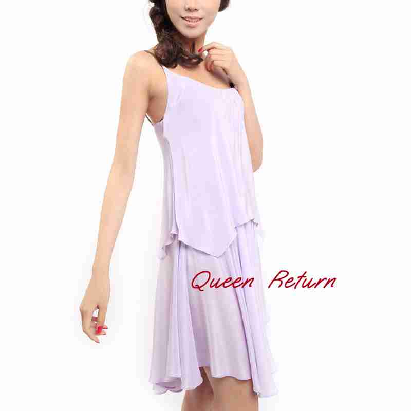 qr女装小清新风真丝淡紫色低胸性感吊带连衣裙背心裙