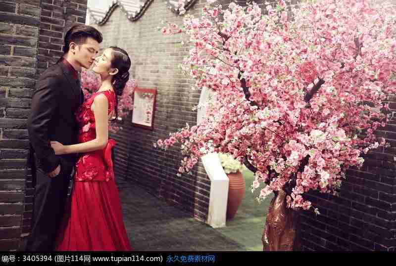 桃花树旁亲吻的情侣