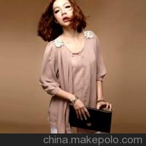 浪漫气质肩饰珍珠开扣假两件雪纺上衣