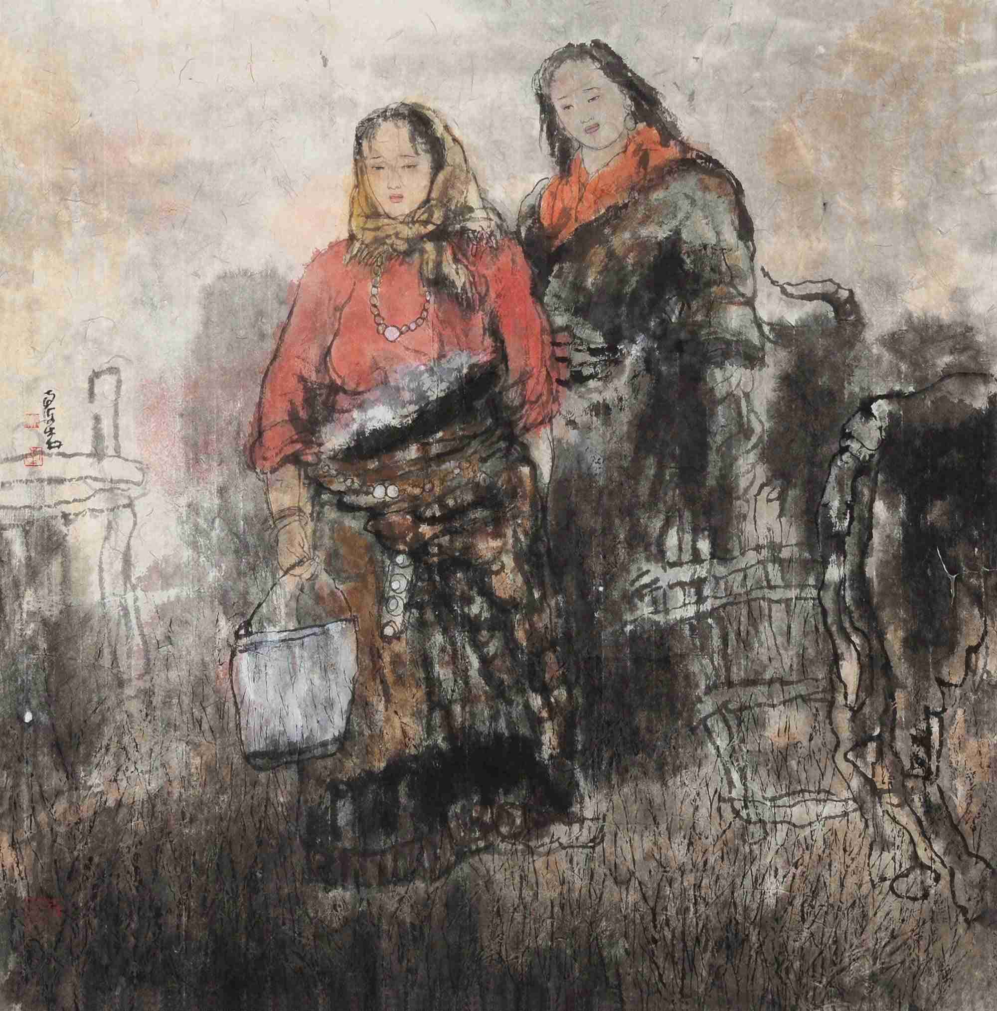 少数民族姑娘镜心设色纸本