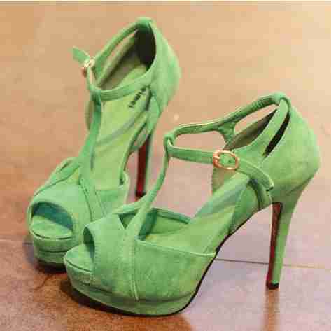 韩国单小清新湖绿色性感鱼嘴绒面罗马高跟