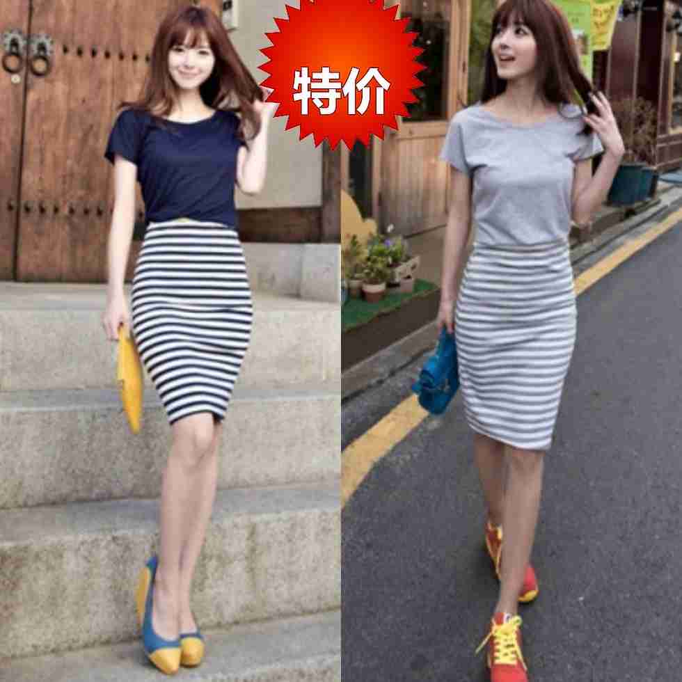 夏季韩式甜美森女装简约棉质弹力修身拼接条纹高腰