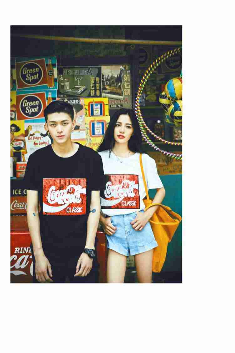 亮片可乐复古情侣短袖t恤