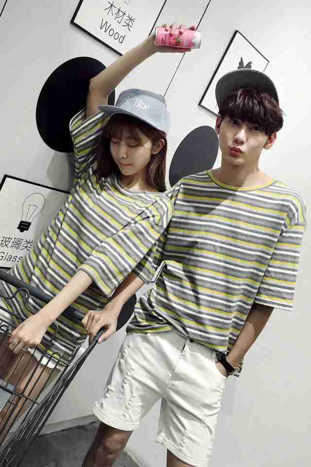 欧霸夏季日系复古情侣条纹短袖t恤男
