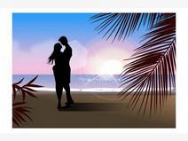 海边拥抱的情侣剪影手绘插画