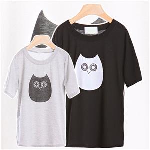 韩国抽象猫头鹰短袖可爱休闲宽松