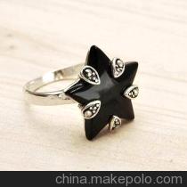 泰银漂亮五星花黑玛瑙指环