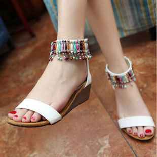 流苏平底坡跟女鞋中跟罗马