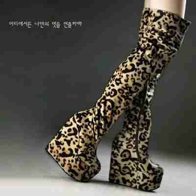 豹纹坡跟鞋超高跟鞋韩国公主过膝单靴