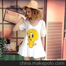 白色宽松型v领荷叶边卡通亮片绣雪纺袖女装t恤