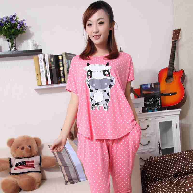 夏季粉色圆点卡通女睡衣