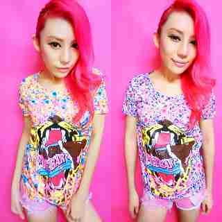 豹纹小碎花涂鸦字母卡通印花撞色短tee