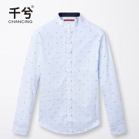 千兮中式衬衫男文艺青年男装衬衫立领修身波点
