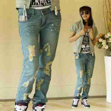泼墨女牛仔长裤
