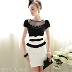 黑白镶拼蝴蝶结荷叶边紧身