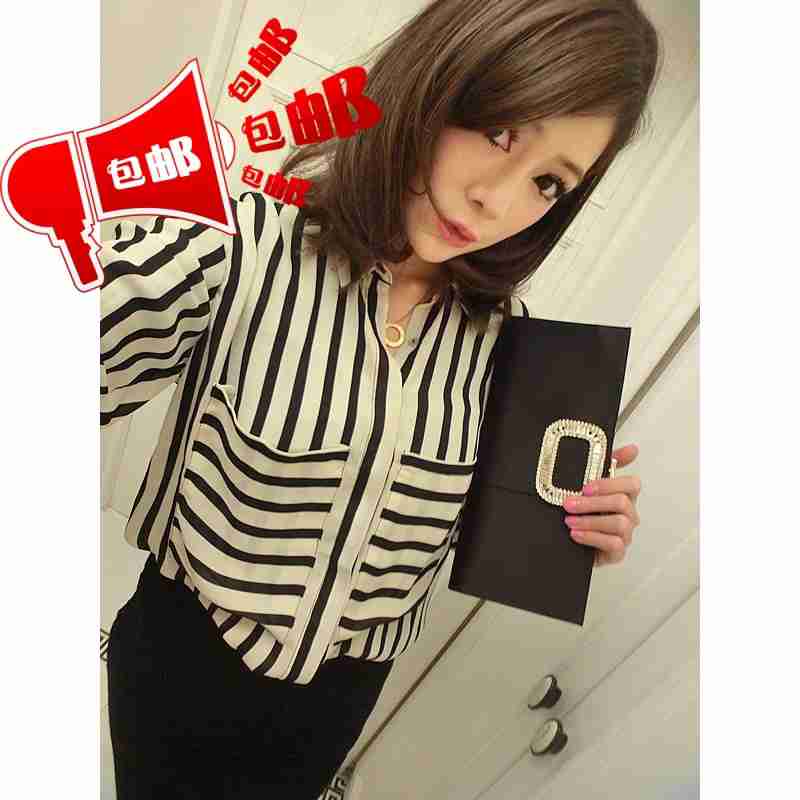 百搭经典黑白条纹气质雪纺衬衫