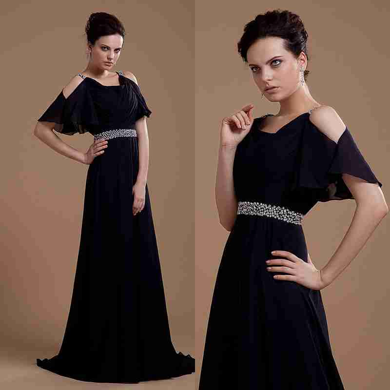 最新欧美双肩v领性感长礼服短袖飘飘秀敬酒服伴娘