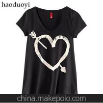 经典背影字母涂鸦烫钻v领长袖纯棉t恤