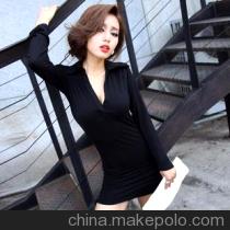 v领低胸翻领性感修身包臀