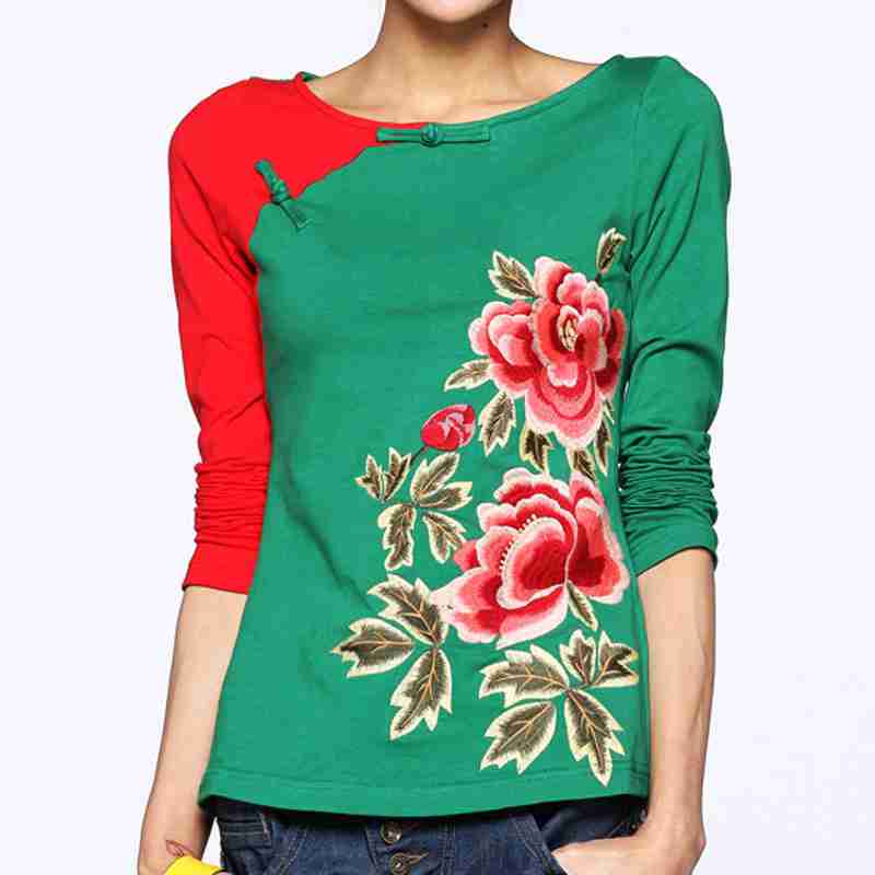 盘扣绣花长袖t恤女绿色