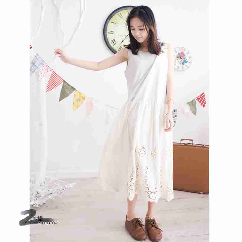 文艺范森女系纯色背心裙镂空碎花下摆小清新棉麻