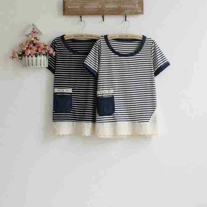 夏季清仓日系文艺小清新森女海军条纹宽松圆领绣花拼