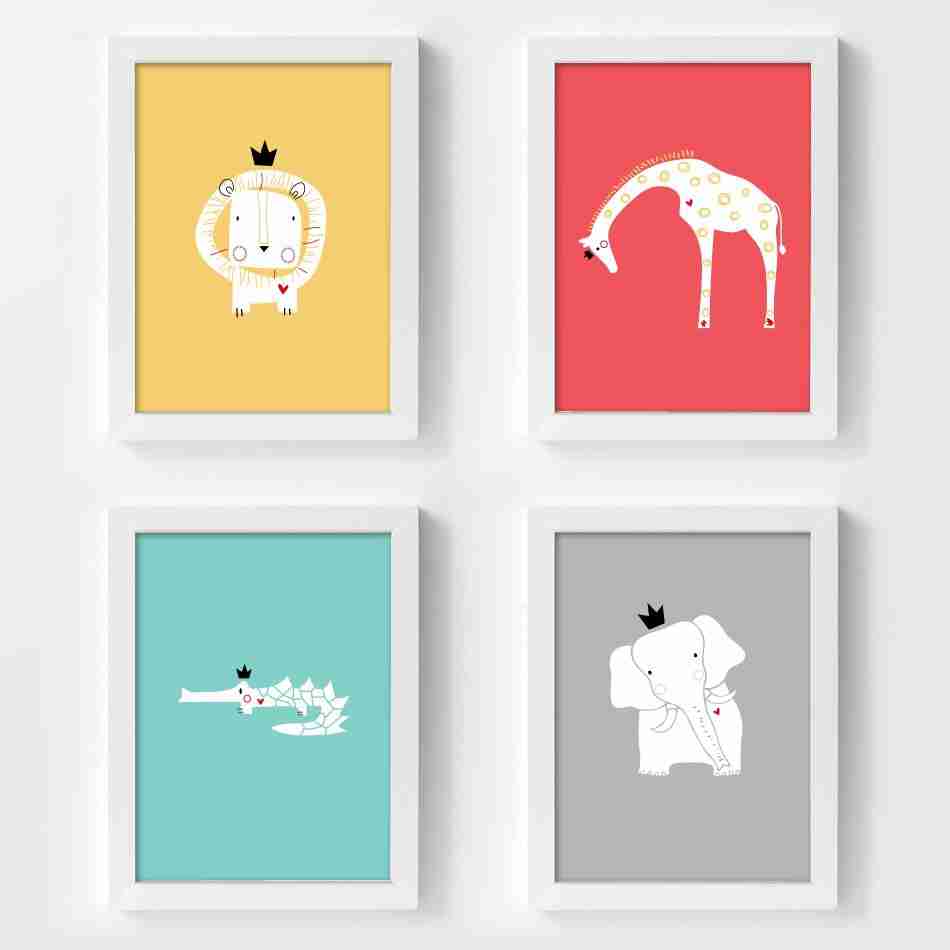 小清新动物壁画挂画狮长颈鹿鳄鱼大象儿童房装饰画